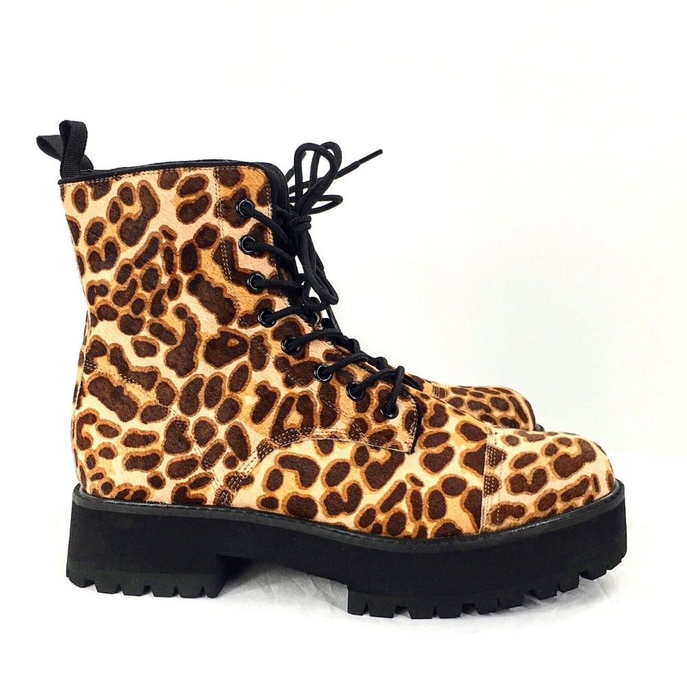 Farylrobin Womens Combat Boot Brown Calf Hair Leopard Print Platform Boot Sz 10 - Picture 1 of 11